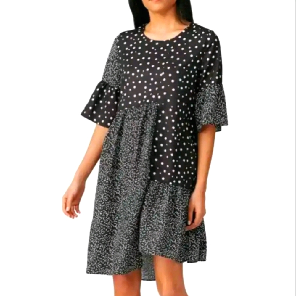 Caara Black and White Polka Dot Shift Dress, Size M